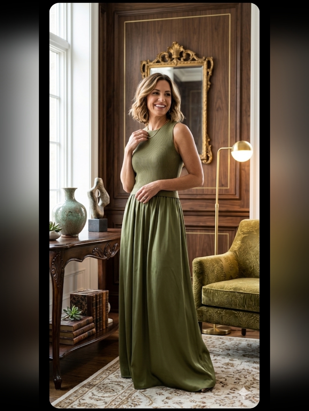 Taylor Olive Green Sleeveless Knit-to-Satin Maxi Dress, Size S - Picture 15 of 15